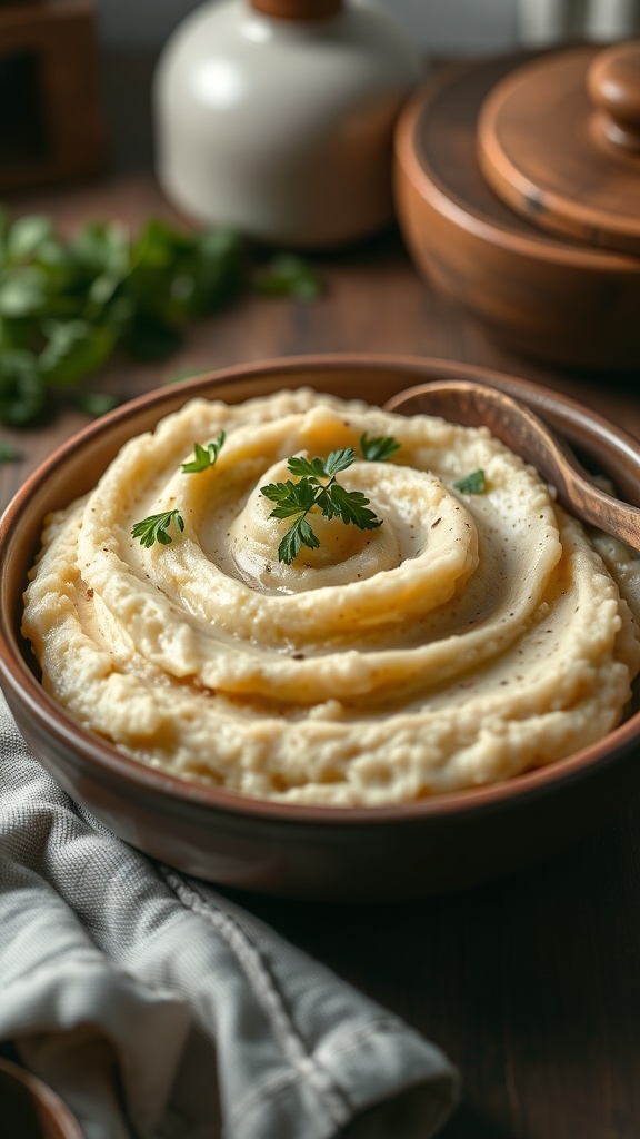 A bowl of creamy mashed quinoa garnished with herbs, served with a wooden spoon in a cozy kitchen.